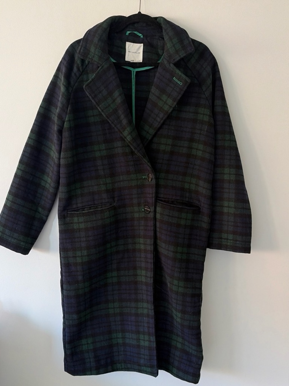 Avec Les Filles Black & Green Plaid Wool-Blend Pea Coat